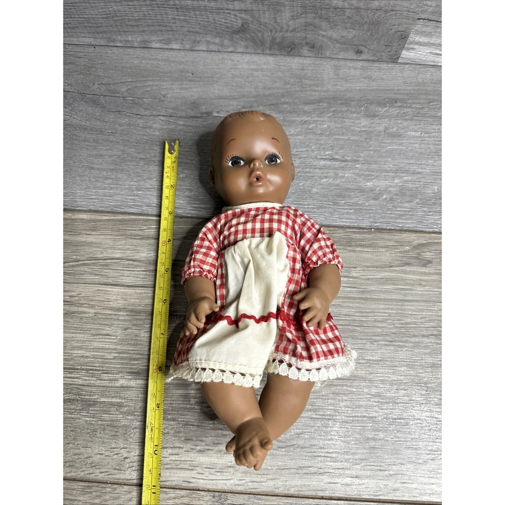 Unbranded Baby Doll Kids 10in Brown Red Gingham Good‎ Vintage Hong Kong 1970s
